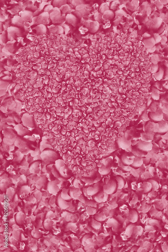 Herz aus roten Blüten, auf rotem Blütenteppich, abstrakter Hintergrund 