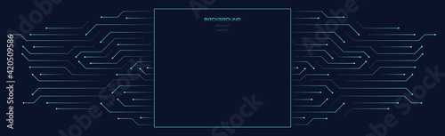 Vector abstract background on the theme of digital technology, future, cyberpunk. Dark blue background with bright blue lines computer elements. Banner template design for web, copyspace.