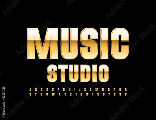 Vector chic logo Music Studio. Gold elite Font. Shiny luxury set of Alphabet Letters and Numbers