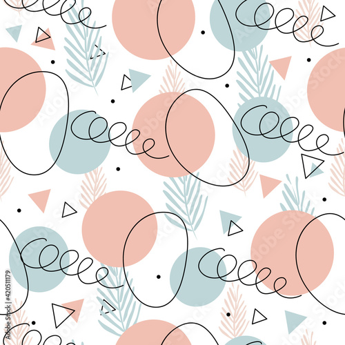 seamless minimalistic abstract pattern. Delicate pastel colors, geometric shapes and floral prints, lines. For fabric, paper, cover stories, phone cases. Vector illustration.