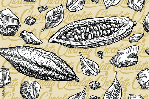 Hand drawn graphic vector drawings of ingredients for chocolate. Cocoa beans, butter, grains, leaves. Seamless pattern for cafe menu design or sweets packaging