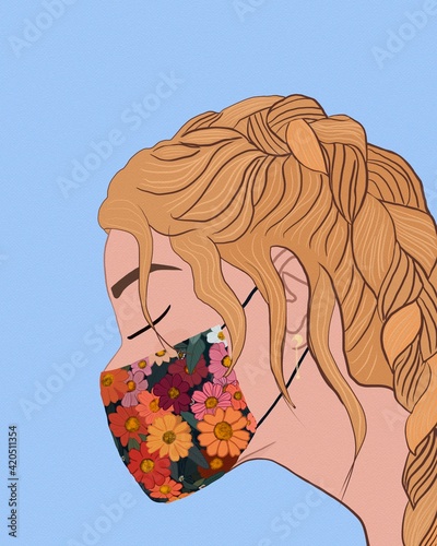 Woman in medical mask on blue background