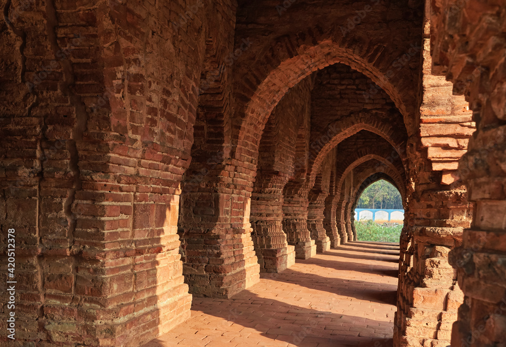 Interior brick walls of Ras Mancha, an ancient terracotta temple of Bishnupur, West Bengal. A famous historical tourist place.