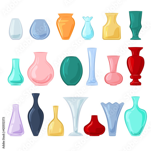 Vases colorfull set. 18 items of different shapes. Vector isolated on a white background.