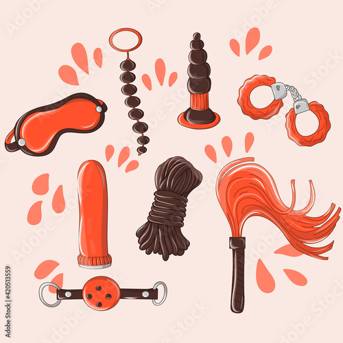 Sex Shop Toys Assortment Cartoon Vector Set. Sex toy set vibrators, anal balls, phallos, anal plugs handcuffed keys ring