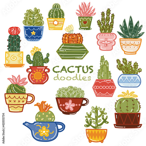 Cute Cactus full filled color doodles set in different color pots on white background 