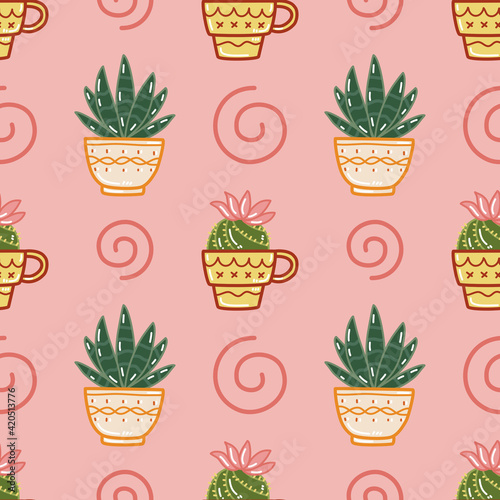 Cute cactus seamless pattern with yellow plant pot on pink background