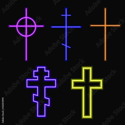 Neon lighting Christian Crosses in different colores on black background.