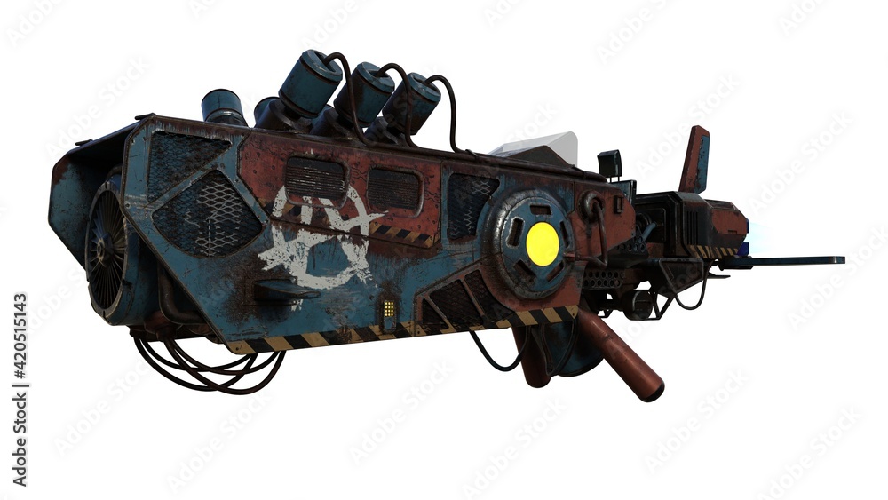 old flying spaceship from scratched metal isolated on white background. 3D illustration of sci-fi vehicle for space wars. Single pilot spaceship