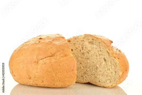 Two halves of delicious white bread, close-up, isolated on white.