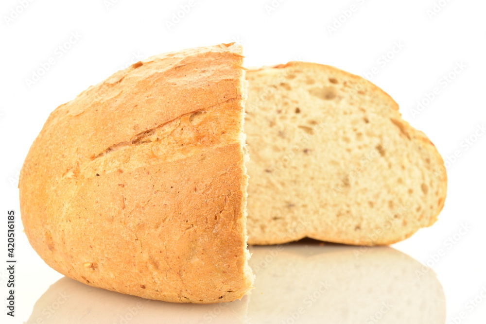 Two halves of delicious white bread, close-up, isolated on white.