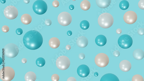 pearl-like blue beach tone pastel balls floating in the air, colorful bubbles on purple background, festive concept, 3d illustration