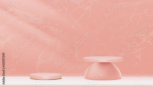 Minumal Podium display with Pink and Yellow gold Cylinder Stand on Rose gold foil marble,Vector Realistic 3D for Stage pedestal platform,Product presentation, Cosmetic product display or Spa Showcase