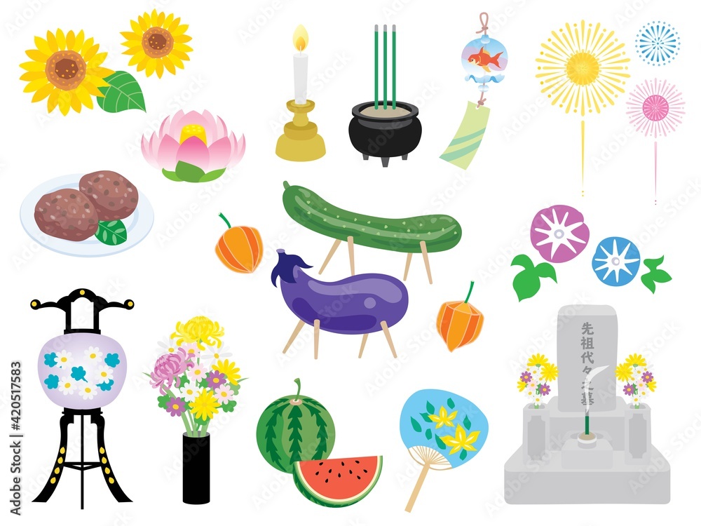 お盆のセットイラスト Stock Vector Adobe Stock