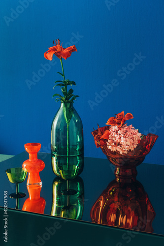 Still Life Study/Stylish Transparent Colored Glass Objects /