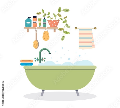 Modern bathroom interior. Foamy bath tub in cozy room. Bathroom shelf with cosmetics and plant. Cozy bathroom with towel, shampoo bottles and washcloth. Flat vector illustration on isolated background