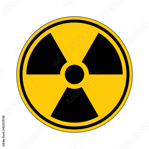 Radioactive hazard sign. Nuclear non-ionizing radiation symbol. Illustration of yellow circular warning sign with trefoil icon inside. Attention. Danger zone. Caution radiological contamination. photo