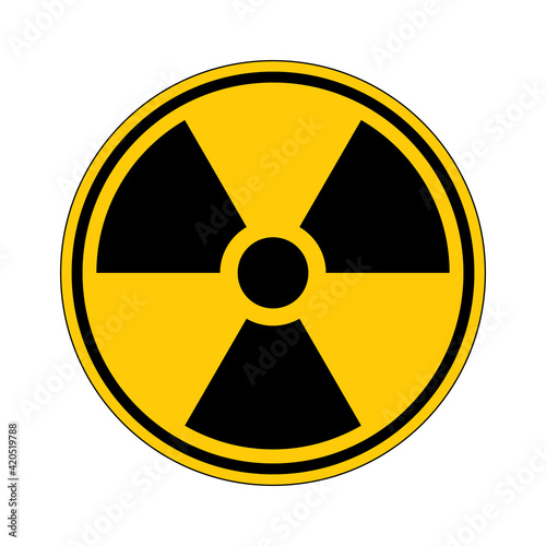 Radioactive hazard sign. Nuclear non-ionizing radiation symbol. Illustration of yellow circular warning sign with trefoil icon inside. Attention. Danger zone. Caution radiological contamination.