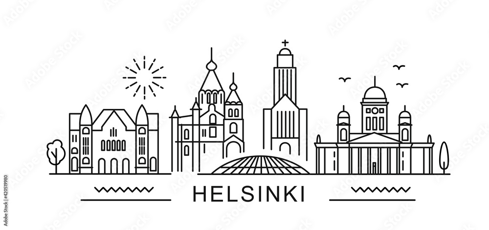 Obraz premium city of Helsinki in outline style on white. Landmarks sign with inscription.