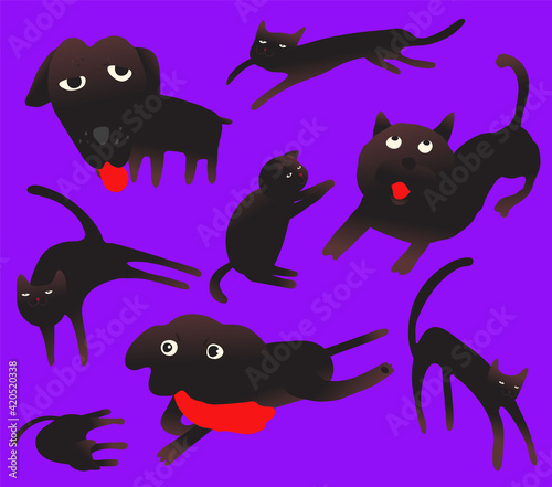 Set of funny hilarious dogs and cats in actions - gradient black and pale pink characters icon design, soft pastel gradient vector