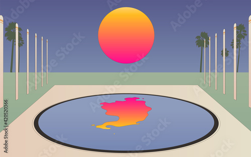 Round pool with reflect of the sun, quite and awkward landscape, vintage tropical illustration