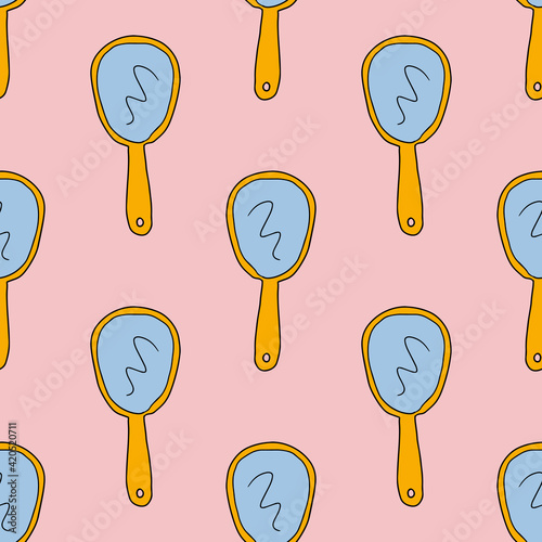 Cartoon doodle linear hand mirror seamless pattern. Cute background of care accessory.