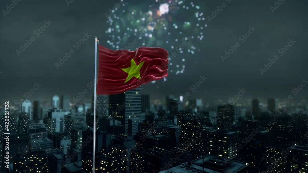 Vietnam Flag With Fireworks And City 3D Rendering