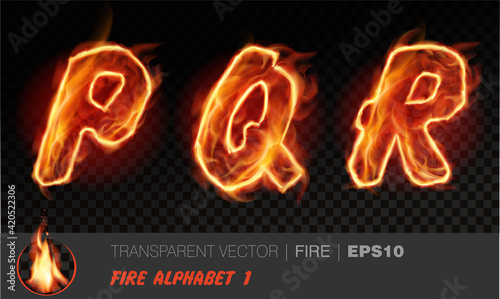 Alphabet of fire. Transparent realistic vector on dark background. Fiery font with light effect for your text. Letters PQR