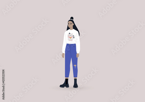 A young female Asian character wearing heavy black boots and a white long sleeve shirt with a lucky cat print, a modern casual lifestyle