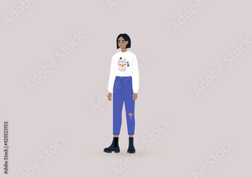 A young female character wearing heavy black boots and a white long sleeve shirt with a lucky cat print, a modern casual lifestyle © nadia_snopek