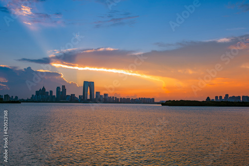 sunset over the city or lake