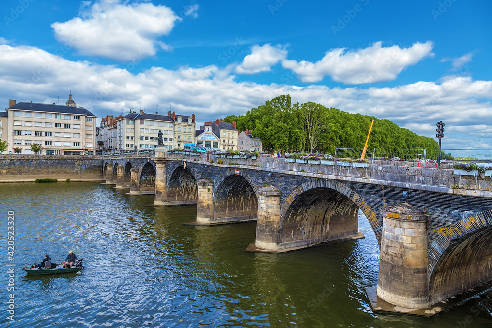 Angers, France. Scenic view of the Pont de Verdun bridge on the Maine river 