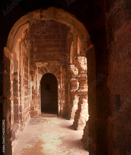 Passageway inside an ancient Hindu terracotta temple in Bishnupur  West Bengal 