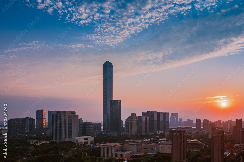 Fototapeta premium sunset over the city or lake