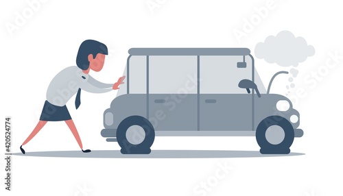 Woman pushing a broken car. Car run out of fuel. Vector illustration, flat