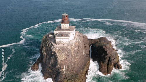 Tillamook Rock Lighthouse Dramatic Aerial Flyover 4K Terrible Tilly Pacific Northwest photo