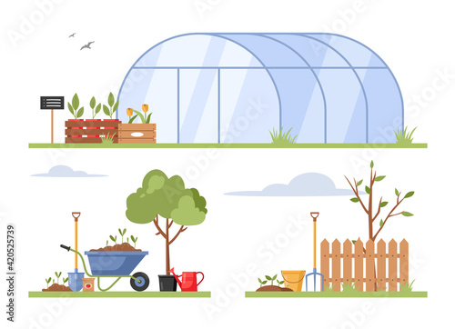 Vector concept of gardening. Spring landscape with garden tools, plants, flowers in flat style. Illustration isolated on white background. Agriculture work equipment. Grow greenery. Garden place