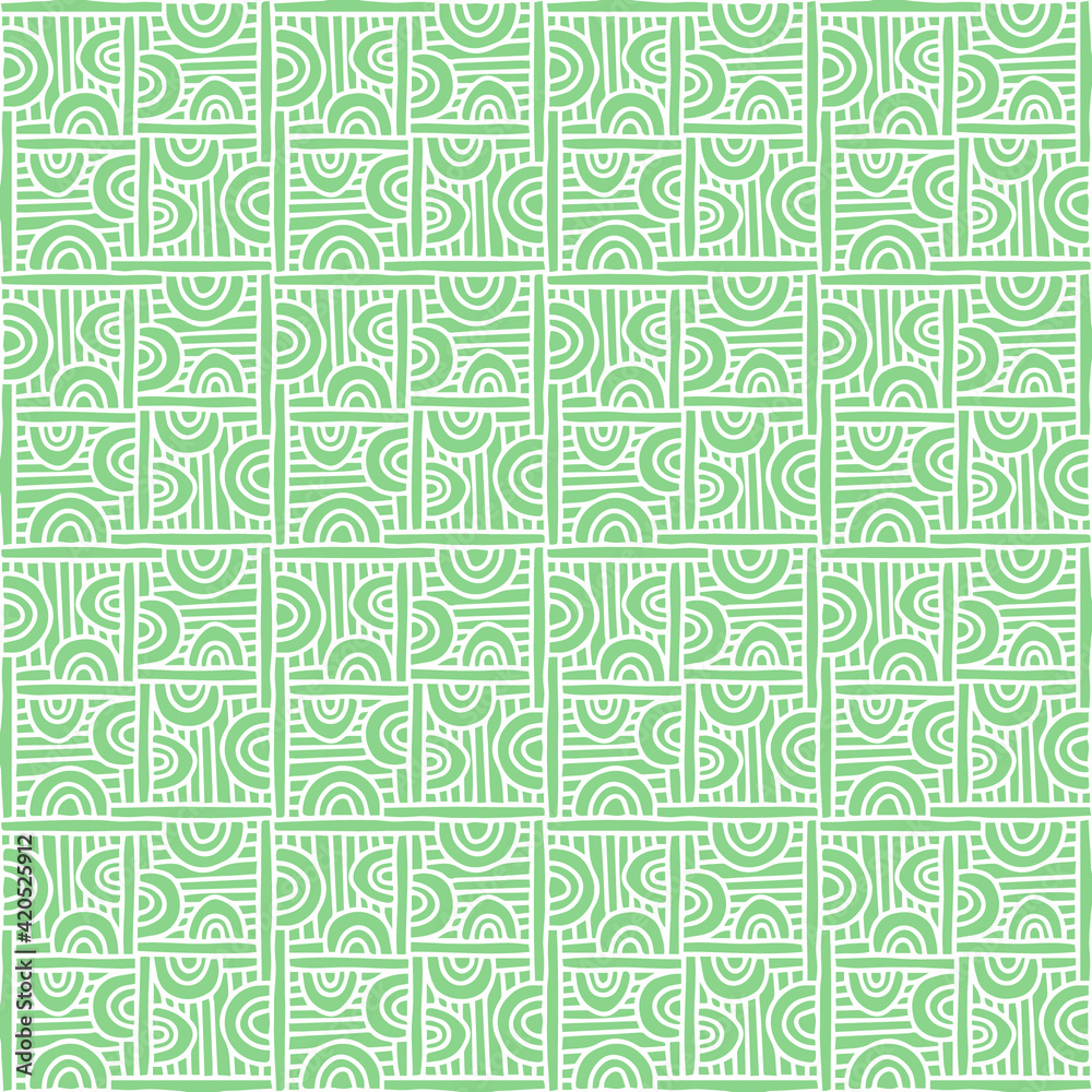 seamless tile with drawn folk style linear ornaments of green and white colors, vector