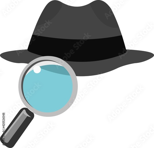 Vector emoticon illustration of a private detective hat and magnifying glass