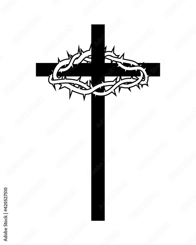 Cross with thorn crown silhouette icon. Clipart image isolated on white ...