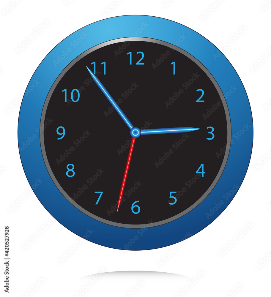 Shiny blue wall clock illustration with reflection isolated on white. Round neon effect clock design with numbers and shiny pointers. Shiny blue wall clock illustration with reflection isolated on white. Round neon effect clock design with numbers and shiny pointers.