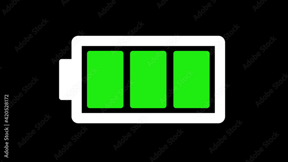 Battery icon animation on black background. Alkaline battery charging charge indicator icon, level battery energy Battery icon animation on black background. Alkaline battery charging charge indicator icon, level battery energy
