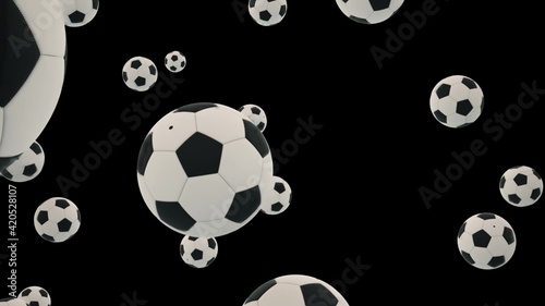 Falling soccer balls on black background. 3d rendering