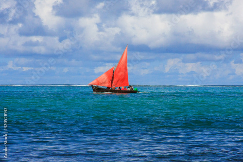 Sailing boat on the ocean. Mauritius