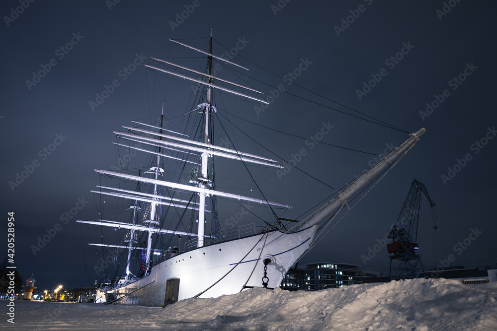 Vintage white sailing ship is moored in Turku port
