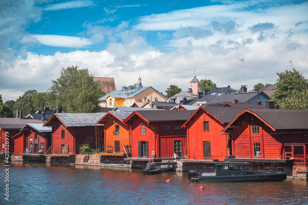 Old red wooden Finnish houses and barns. Porvoo