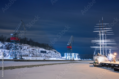 Port of Turku at winter night, Finland