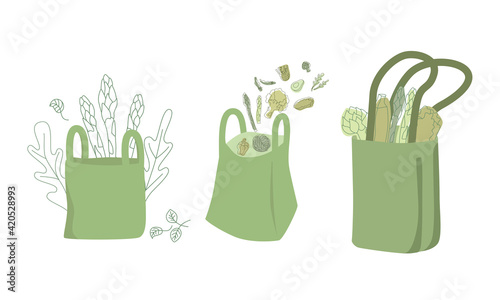 Eco green paper bag with outline vegetable in boho colors palette for vegetables shop, bio market, supermarket. Vector stock illustration isolated on white background. EPS10