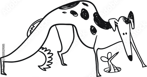 Dog hunting mouse in the hole. Cute doodle sketchy russian borzoi dog. Vector illustration with rodent and wolfhound © gollli