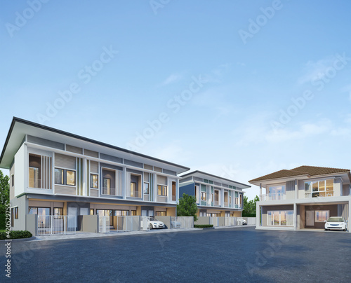 House and townhomes.Real estate concept,property for sale.3d rendering